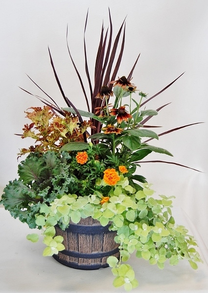 Fall Planter with annuals like kale, echinacea, grasses