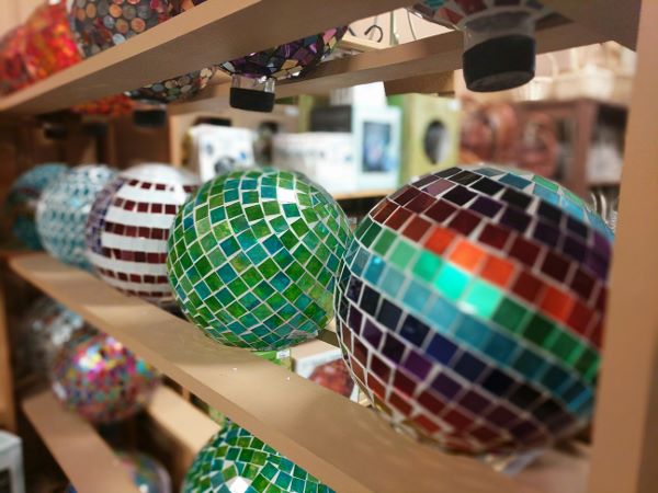 colorful gazing globes on display in store
