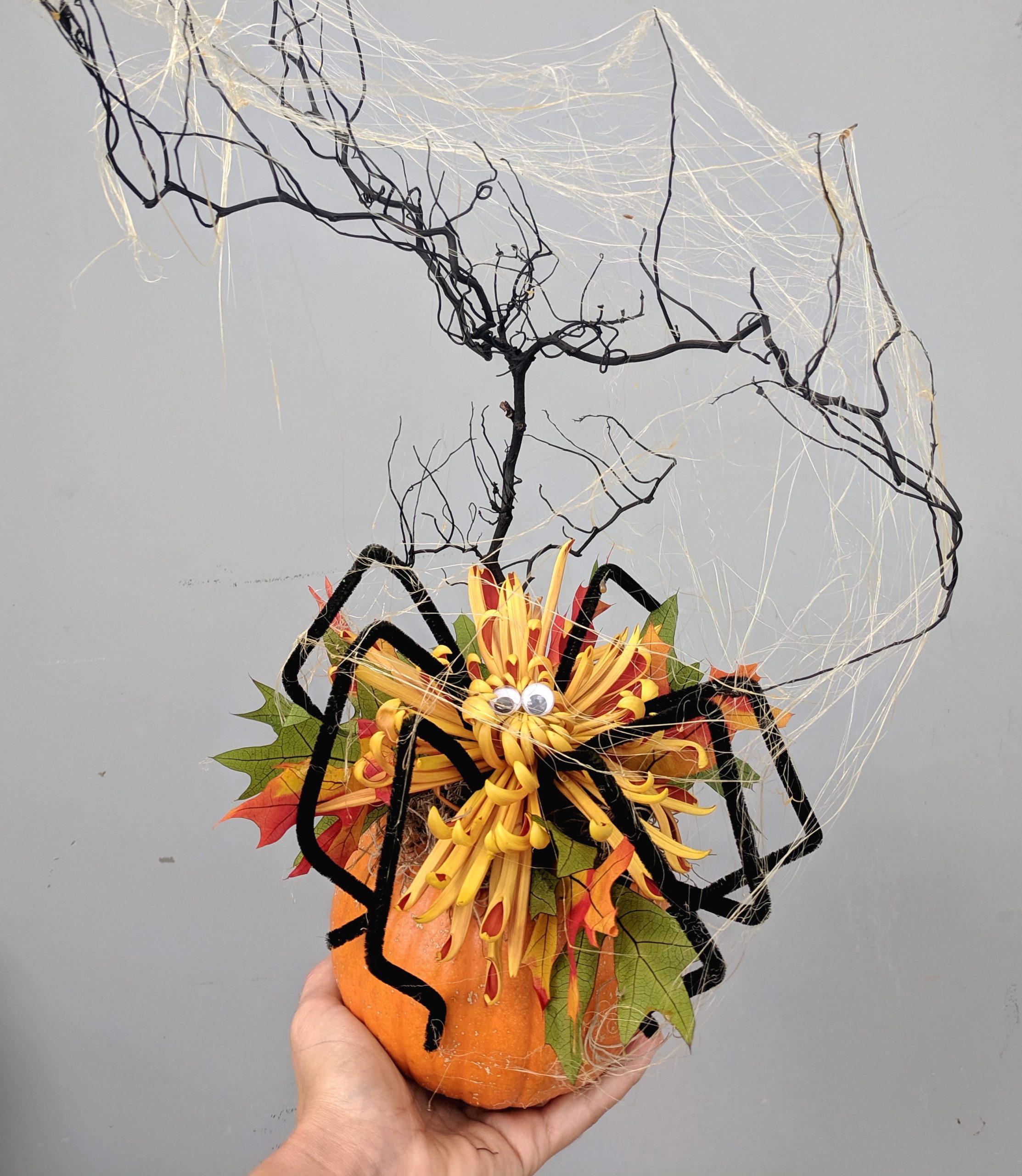a spider made of a mum on top of a pie pumpkin with black twigs and spider web.