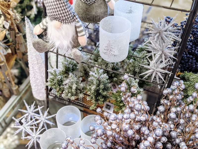 silver and white holiday decorations