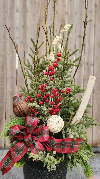 Plaid bow on a spruce top pot with red berries, birch log, green twigs, and wicker ball