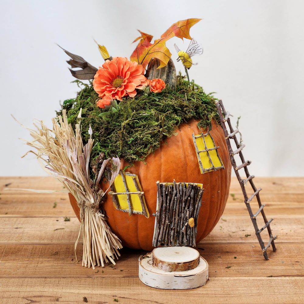 pumpkin with windows, door and moss for a roof