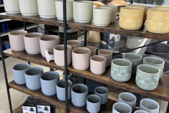 pottery for houseplants in various colors on the shelf.